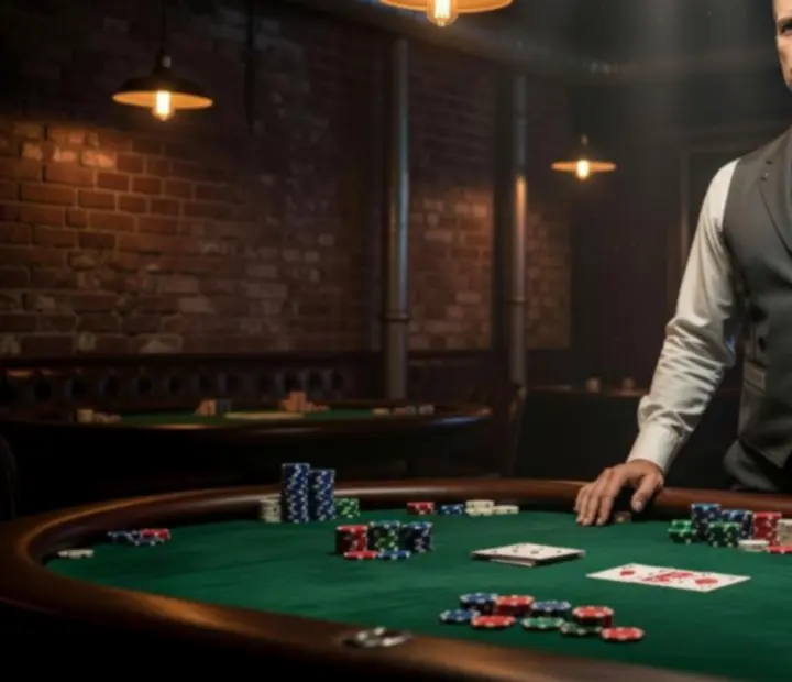 Professional dealer standing at a custom poker table in The Wildcard Kitchen card room.