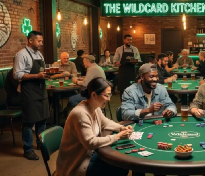 Guests and staff in The Wildcard Kitchen dedicated card room with custom poker tables and collectible chips.