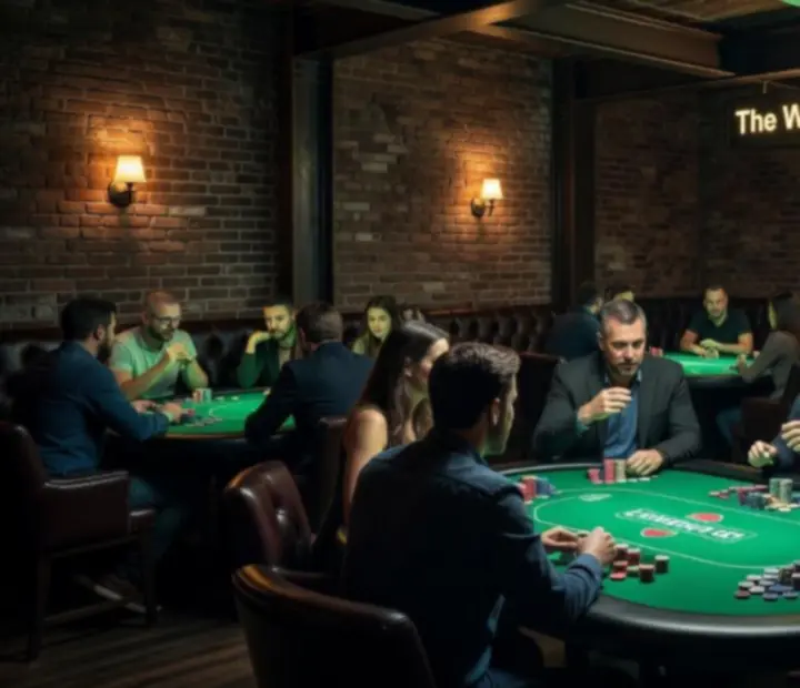 Moody card room atmosphere with custom poker tables and neon felt adjacent to the dining area at The Wildcard Kitchen.