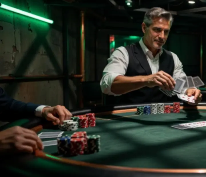Professional dealer managing a custom poker table in a moody industrial card room