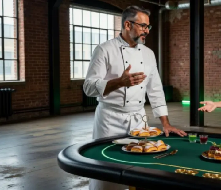 Chef and dealer coordinating in an industrial card room setting