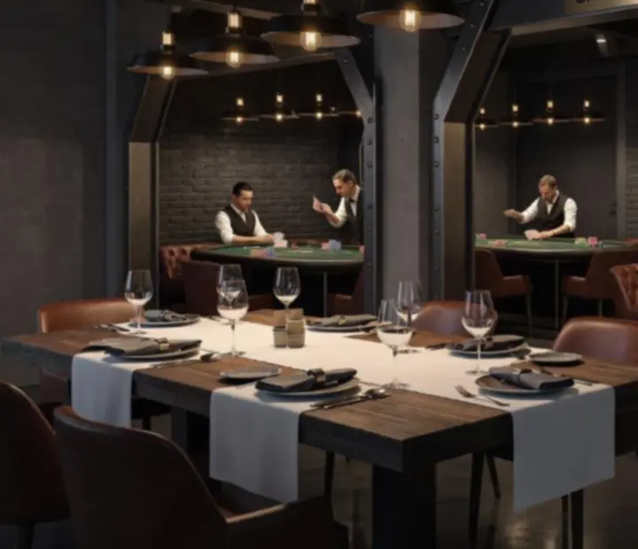 Chef's table with a view into the dedicated card room and custom poker tables.