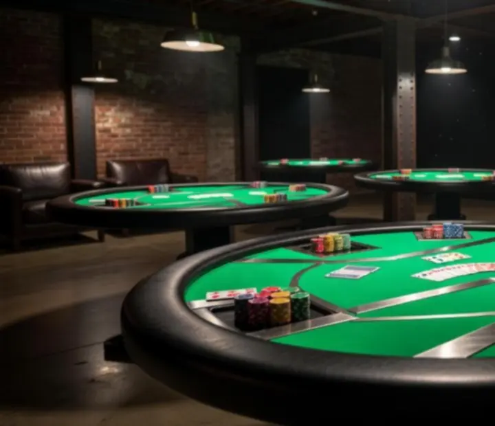 Custom poker tables with green felt, ergonomic chairs, and ambient neon underlighting inside an industrial loft.