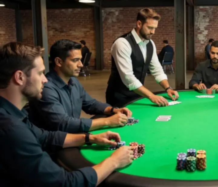 Guests gathered around custom poker tables in a neon-lit industrial card room