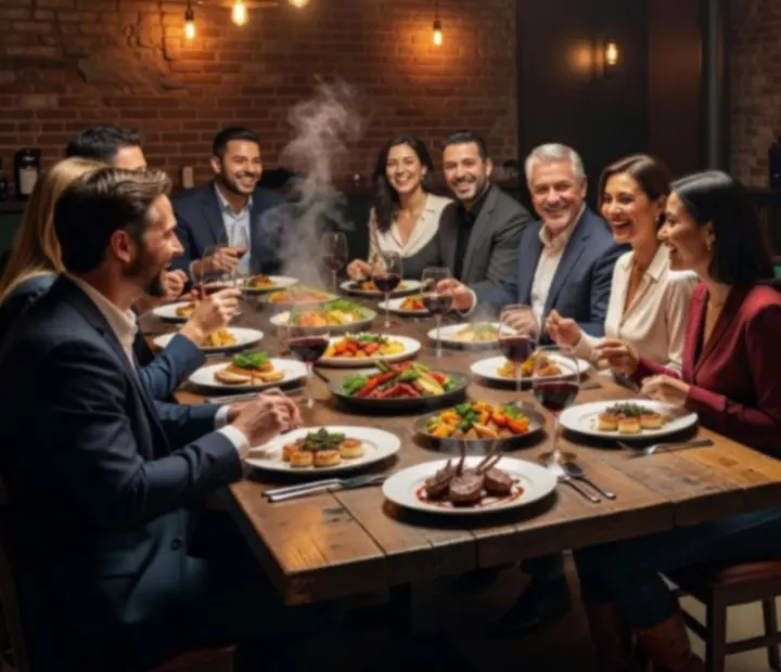 Guests enjoying gourmet dishes at an industrial loft restaurant before moving to a nearby poker lounge with custom felt tables.