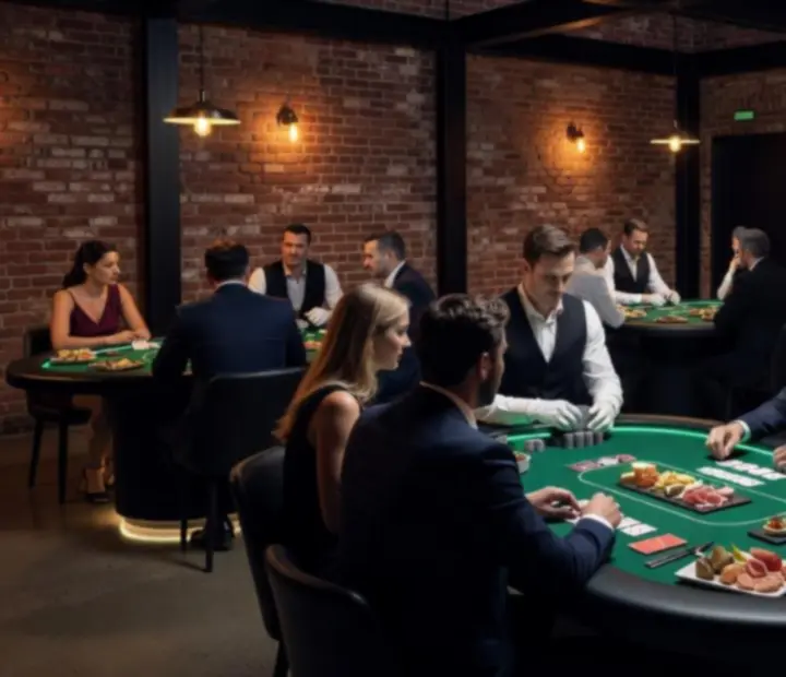 Moody industrial card room event in progress with guests at tables