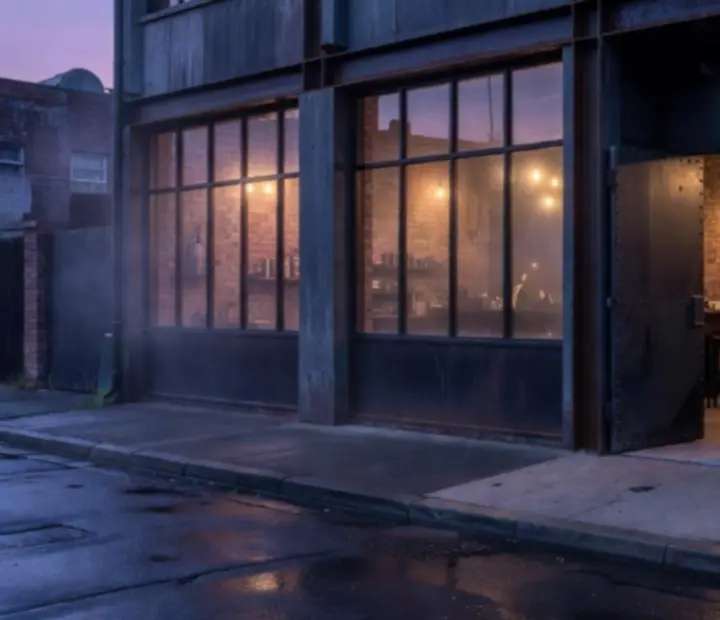 Exterior of an industrial Melbourne loft glowing with warm light leading into The Wildcard Kitchen.