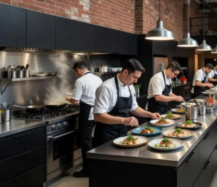 Open industrial loft kitchen with exposed brick and a view into the card room.