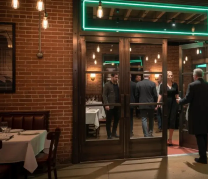 Industrial poker room entrance with exposed brick, steel door frame, and neon accents leading into a card lounge.