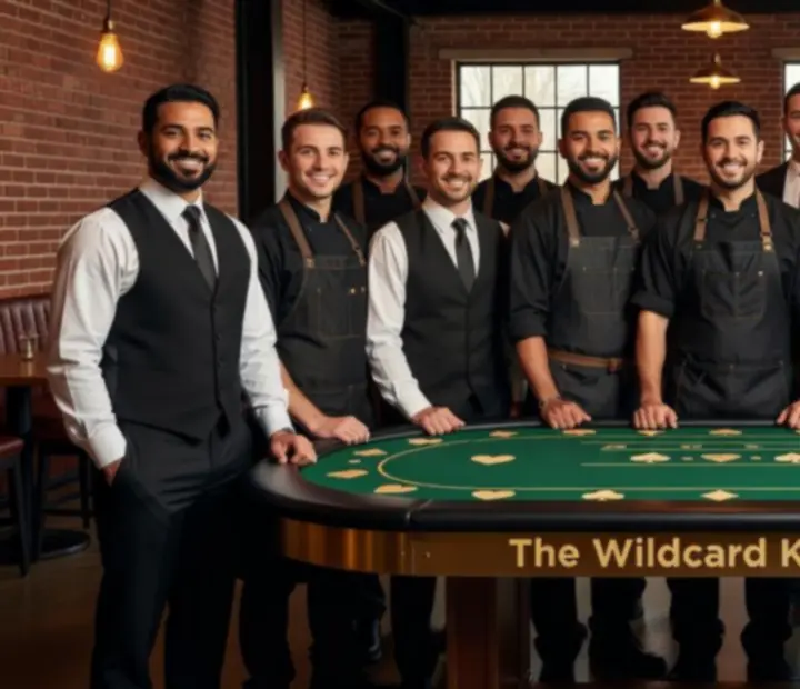 Chefs, pro dealers, and hosts standing together between the dining room and card lounge at The Wildcard Kitchen.